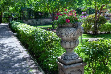 Fototapeta na wymiar decorative vintage stone vase with purple petunias in the park