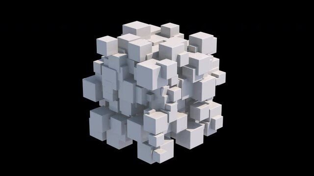 Group of white cubes. Black background. Abstract animation, 3d render.