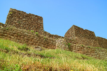 Remains of Ancient Structures in Pisac Archaeological Complex, Sacred Valley of The Incas, Cusco region, Peru - obrazy, fototapety, plakaty