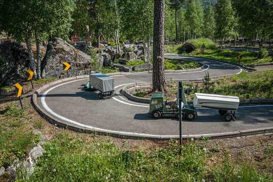 Lillehammer, Norway - June 07 2008: Childrens sized trucks on a paved track.