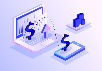 Isometric illustration - computer and smartphone. Chart, buying dollar online, buying currency from your phone. Buying currency on the stock exchange. Dollar chart