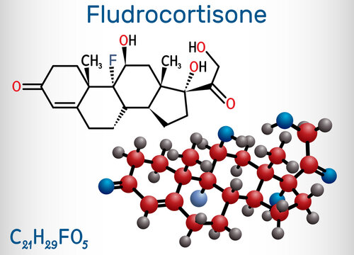 Fludrocortison, fluorocortisone molecule. It is synthetic corticosteroid with antiinflammatory and antiallergic properties. Structural chemical formula, molecule model