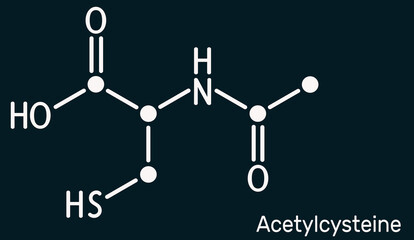 Acetylcysteine, N-acetylcysteine, NAC drug molecule. It is an antioxidant and glutathione inducer. Skeletal chemical formula on the dark blue background