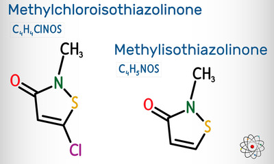Methylisothiazolinone (MIT, MI) and methylchloroisothiazolinone (MCI) molecule. The combination of these compounds is used as a preservative in cosmetics. Skeletal chemical formula
