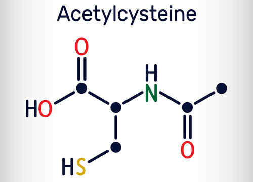 Acetylcysteine, N-acetylcysteine, NAC drug molecule. It is an antioxidant and glutathione inducer. Skeletal chemical formula