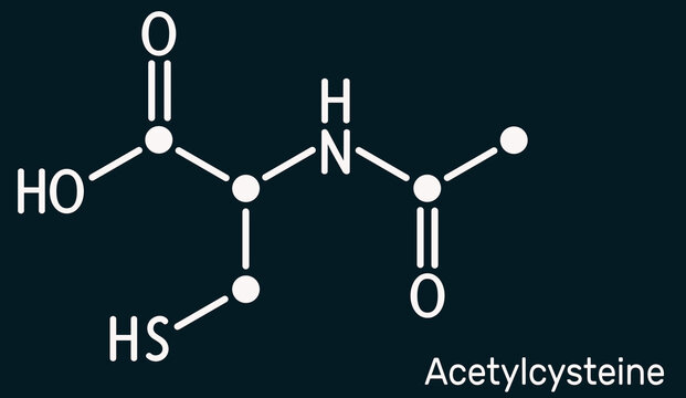 Acetylcysteine, N-acetylcysteine, NAC drug molecule. It is an antioxidant and glutathione inducer. Skeletal chemical formula on the dark blue background