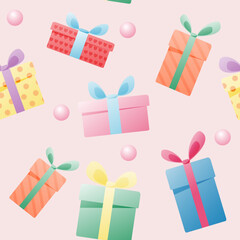 Pattern, gift boxes with bows on a pink background. The concept of the holiday.