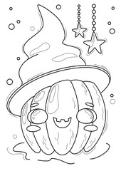 Cartoon page for coloring book with Halloween pumpkin-witch, hand-drawn vector illustration.