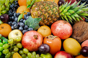 Assortment of healthy raw fruits. Mixed fruits.