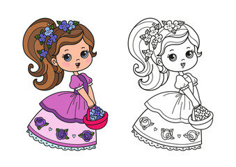 Coloring book with a princess in a beautiful fluffy dress. Set with a girl with a basket of flowers in her hands and a black line. Vector picture with a task for coloring and an example for children
