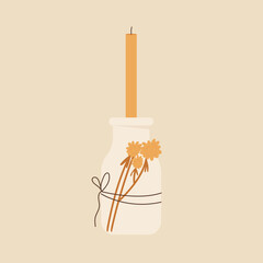 Candle in a glass jar with dried flowers. Cozy  home decoration concept. Vector illustration in cartoon style. Isolated on white background.