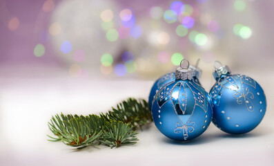 Christmas decoration on a blue background with bokeh