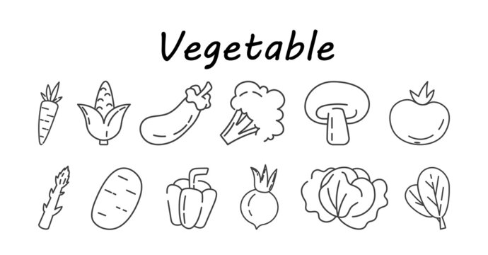 Black and white vegetables. Healthy foods drawn in pencil. Diet, healthy eating, taking care of your health. Minimalistic icons for site. Flat vector illustration isolated on white background