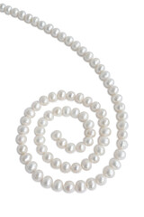 Spiral ornament figure made of pale pearl necklace with shadow, isolated on white background