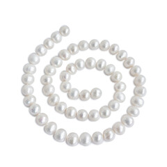 Spiral ornament figure made of pale pearl necklace with shadow, isolated on white background