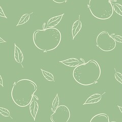 Beautiful seamless pattern from apples of abstract shape on a green background. Vector background in pastel colors from apples and leaves for textile wrapping paper.