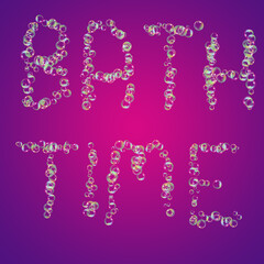 Handwritten "Bath Time" text with colorful soap bubbles on the purple background