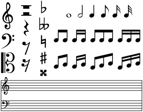 Vector illustration of various musical symbols (clefs, rests, sharps, flats), notes, and a staff with treble and bass clefs.