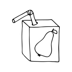 A pack of pear juice with a straw. Packaged juice. Hand-drawn illustration in the style of doodles. Black outlines isolated on a white background. 