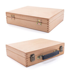 Wooden box isolated at white background. Wood case or toolbox