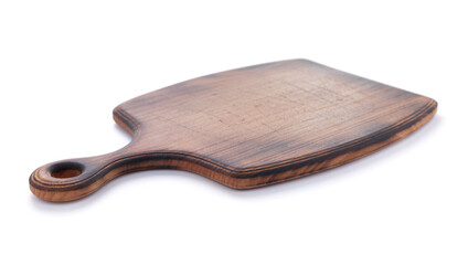 Wood cutting board for homemade bread cooking isolated at white background. Empty wooden tray
