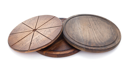Pizza cutting board for homemade bread cooking isolated at white background. Empty pizza board