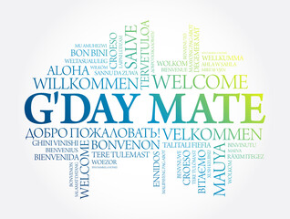 G'day Mate (Welcome in Australian) word cloud in different languages, conceptual background