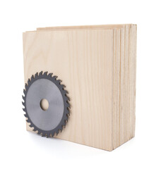 Plywood boards isolated and circular saw blade at white background. Stack of plywood pieces