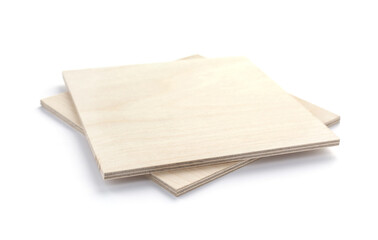 Plywood boards isolated at white background. Stack of plywood pieces - obrazy, fototapety, plakaty
