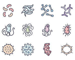 Bacteria and viruses color vector doodle simple icon set