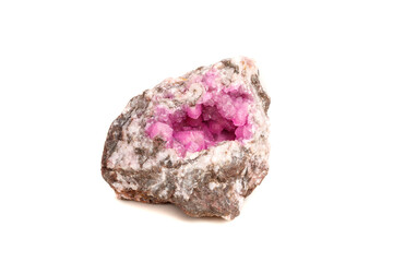 Macro mineral stone Cobalt Calcite rock on white background
