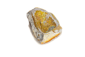 Macro mineral stone Pyrite rainbow on a white background