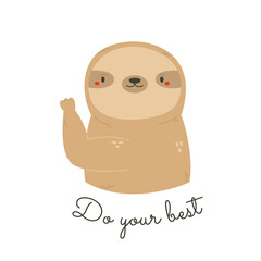 Illustration with a funny sloth showing his muscular paw