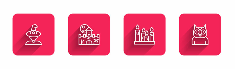 Set line Witch, Castle, fortress, Burning candle and Owl bird with long shadow. Red square button. Vector