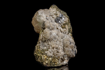 Macro of a mineral stone Sphalerite with fluorite and pyrite on a black background close up