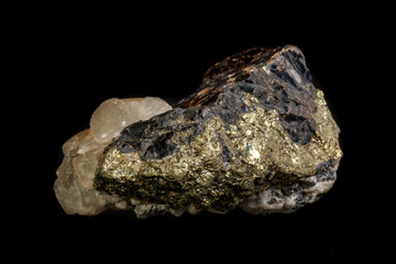 Macro of a mineral stone Sphalerite with fluorite and pyrite on a black background close up