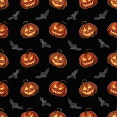 Watercolor seamless pattern on a black background of pumpkins and bats. Halloween.