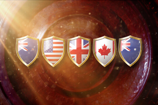 Australia, Us, Great Britain,canada, And New Zealand Flags In Golden Shield On Copper Texture Background.5 Eyes Alliance.