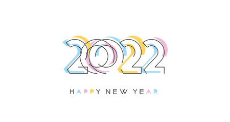 2022 New Year modern trendy line design numbers with abstract pastel shapes on white isolated background - obrazy, fototapety, plakaty
