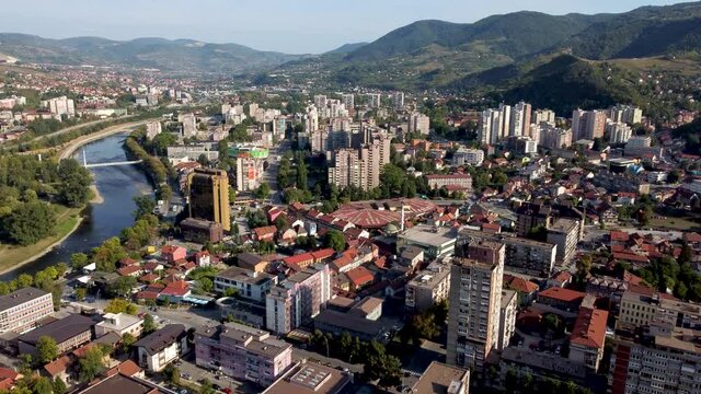 Aerial drone view of Zenica, Bosnia and Herzegovina. Buildings, streets, parks and residential houses. City center of Zenica, view from above.	

