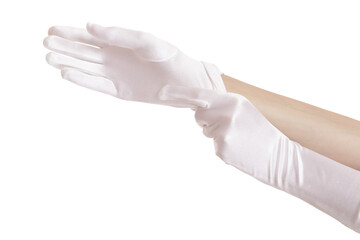 woman hands pull on white gloves. isolated on white background