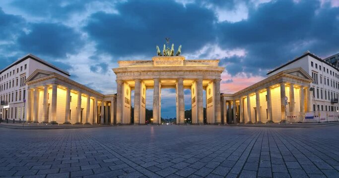 Brandenburg Gate in Berlin at dusk  (static image with animated sky)
