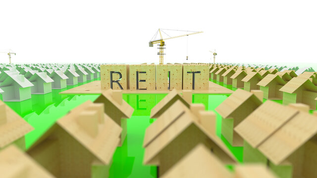 Concept image of Business Acronym REIT as Real Estate Investment Trust. Many houses and construction cranes. 3d rendering