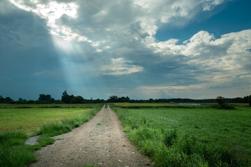 Sunbeams in the clouds and dirt road