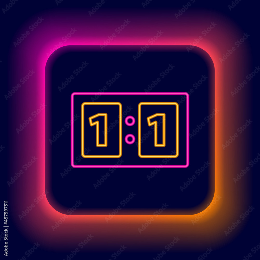 Poster glowing neon line sport mechanical scoreboard and result display icon isolated on black background. 