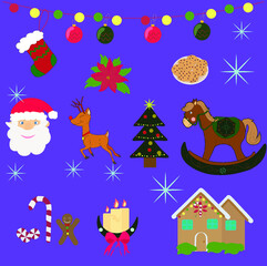 Christmas design set, with Santa Claus, deer, tree, flower, sock, candy, cookies, candle, stars, ornaments and others. Detachable illustrated icons with purple background. eps