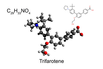 Chemical formula, structural formula and 3D ball-and-stick model of a retinoid trifarotene, white background