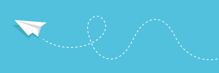 Blue sky with paper plane flying vector background. Creative carton border of clouds. Airy atmosphere stylish design. Travel, business, idea concept. Vector illustration.	