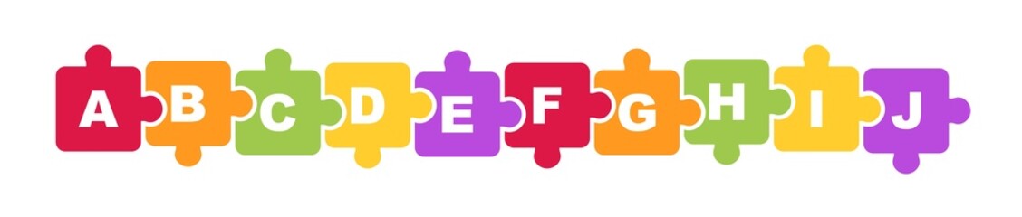 Colorful background puzzle in cartoon style. Jigsaw puzzle banner with letters abc. Alphabet, puzzles game, mosaic template. Vector illustration.