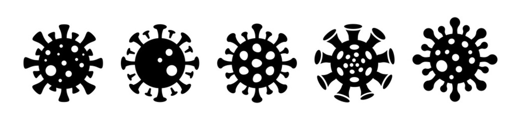 Coronavirus icons set. Virus bacteria in different shapes. COVID-2019. Vaccination stop concept. Pandemic, medical, healthcare symbol, logo and sign. Vector illustration.